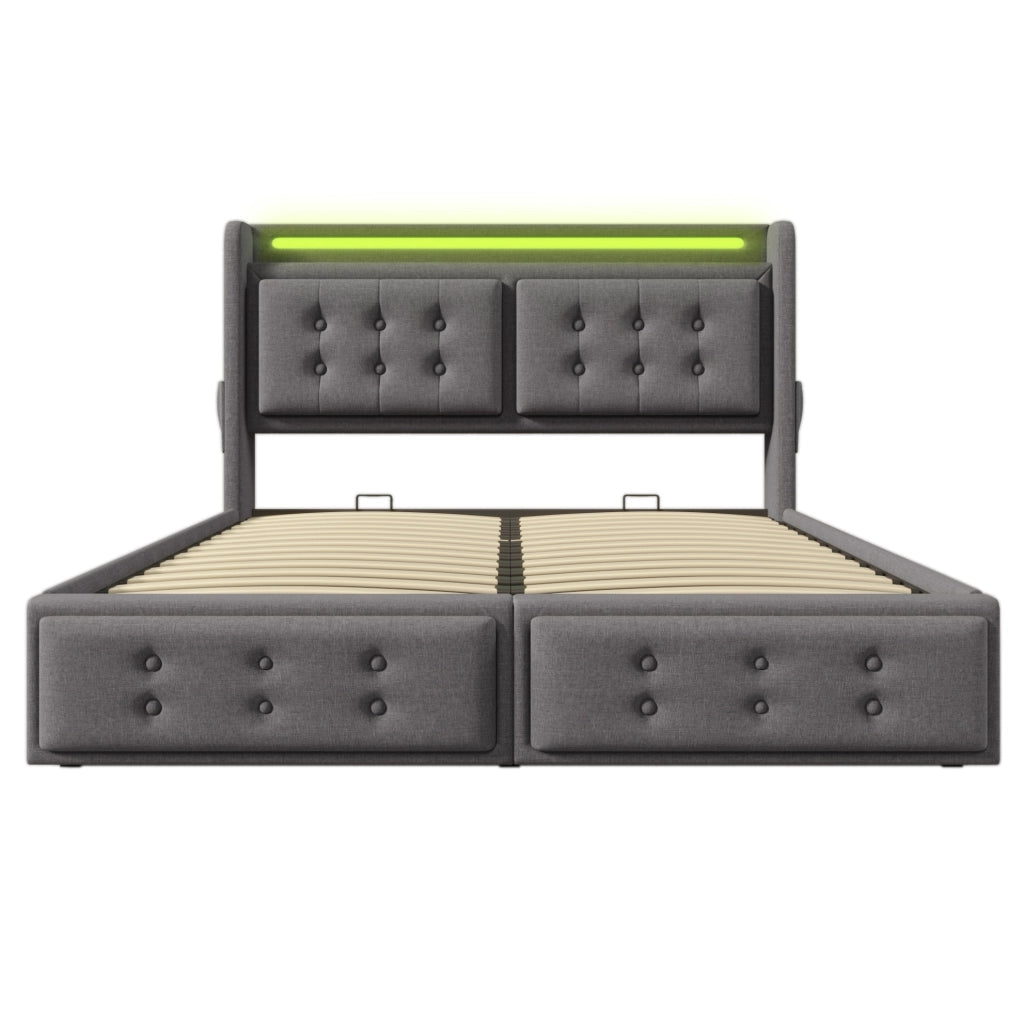 Letto matrimoniale imbottito ULEVR 160x200 cm con contenitore idraulico, LED, prese USB e Type-C, grigio