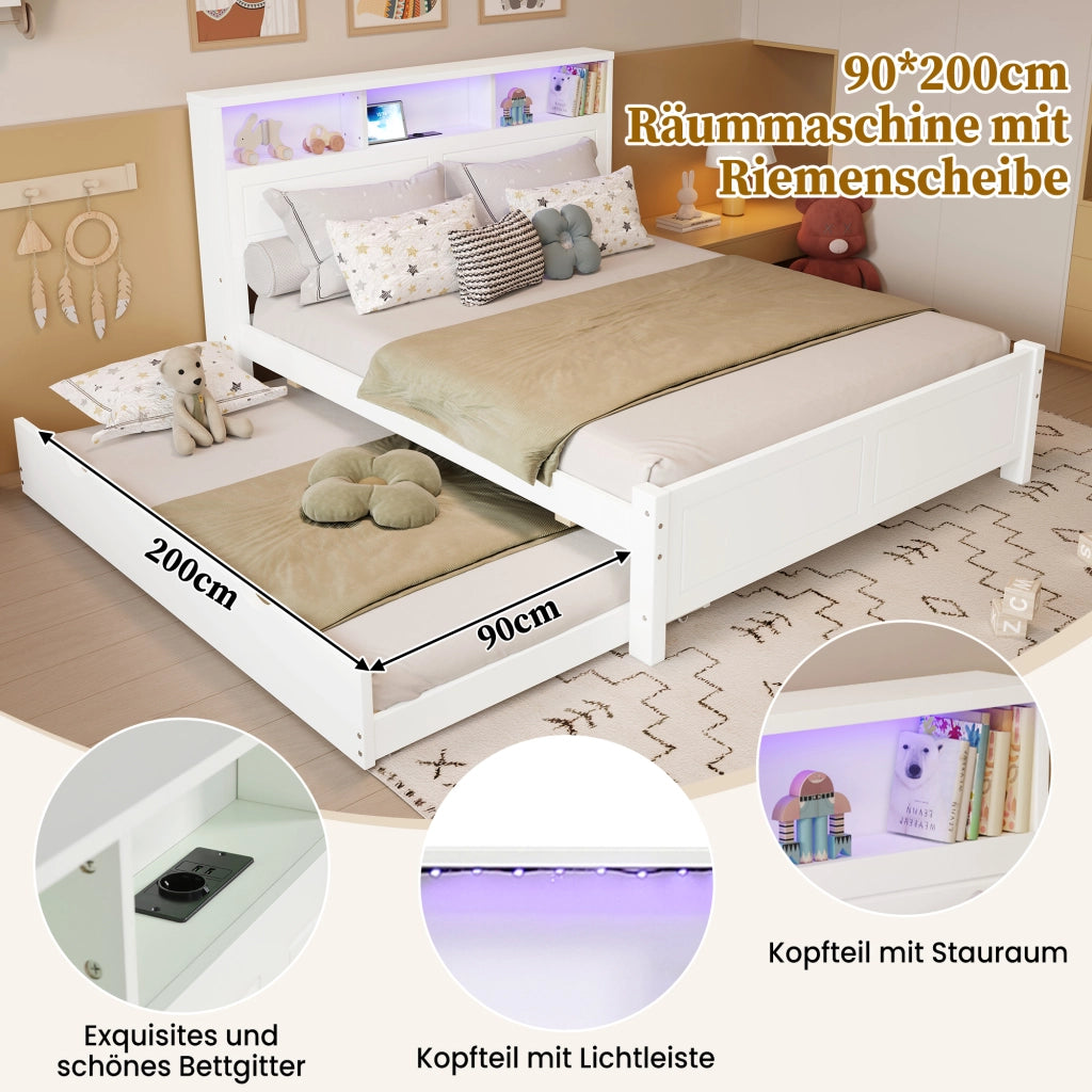 Letto Combinato 120x200 cm e 90x190 cm; Letto Matrimoniale - Estraibile; USB e LED - Bianco