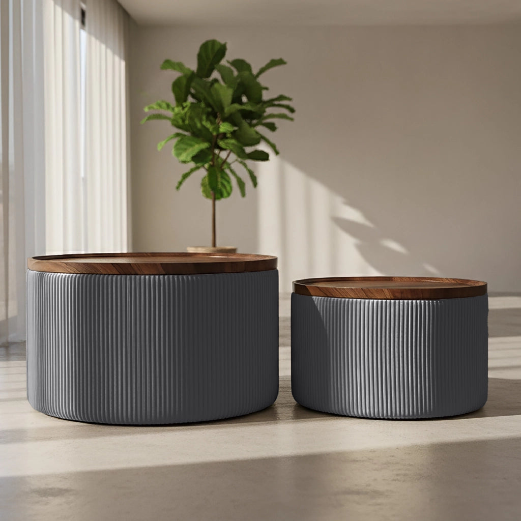 Set 2 Pouf Contenitore Rotondi in Velluto con Coperchio in Legno, Tavolino da Salotto Moderno, Pouf Contenitore Multiuso, Pouf Poggiapiedi, Tavolino Contenitore Salvaspazio Grigio Scuro