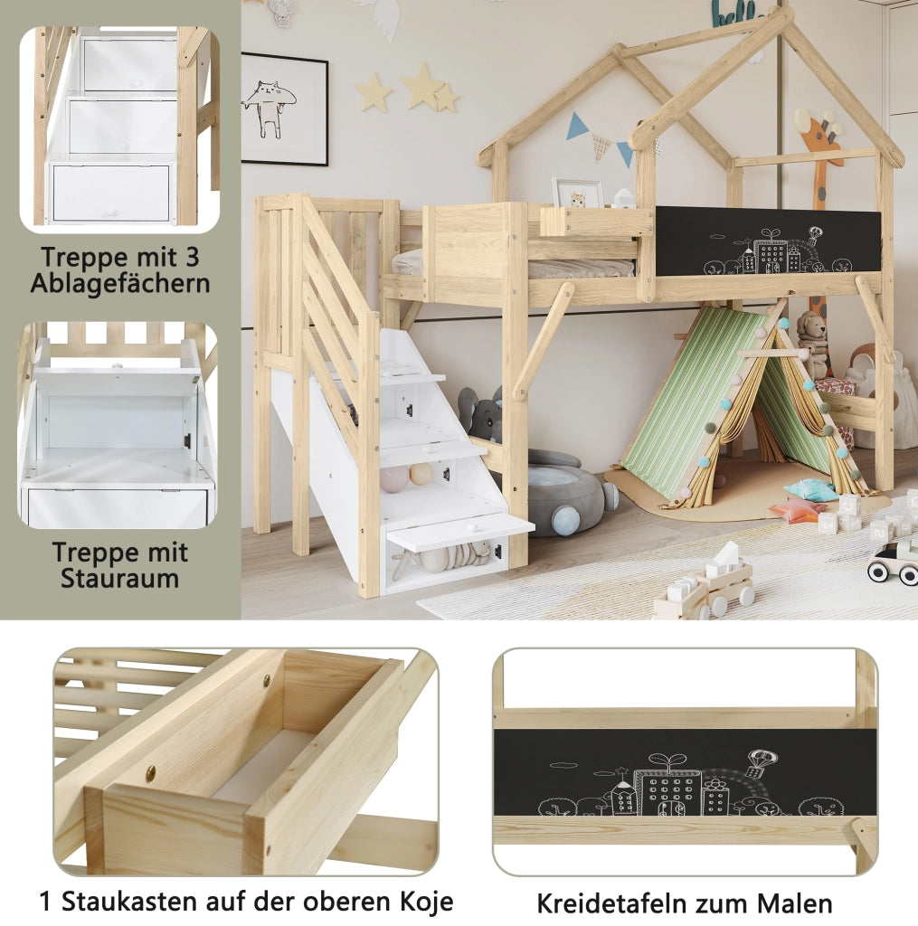 Letto a castello 90x200 cm con scala contenitore e lavagna