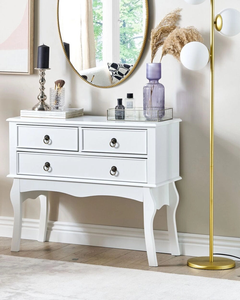 Tavolo consolle di colore bianco in stile retrò con 3 cassetti rustico soggiorno ingresso