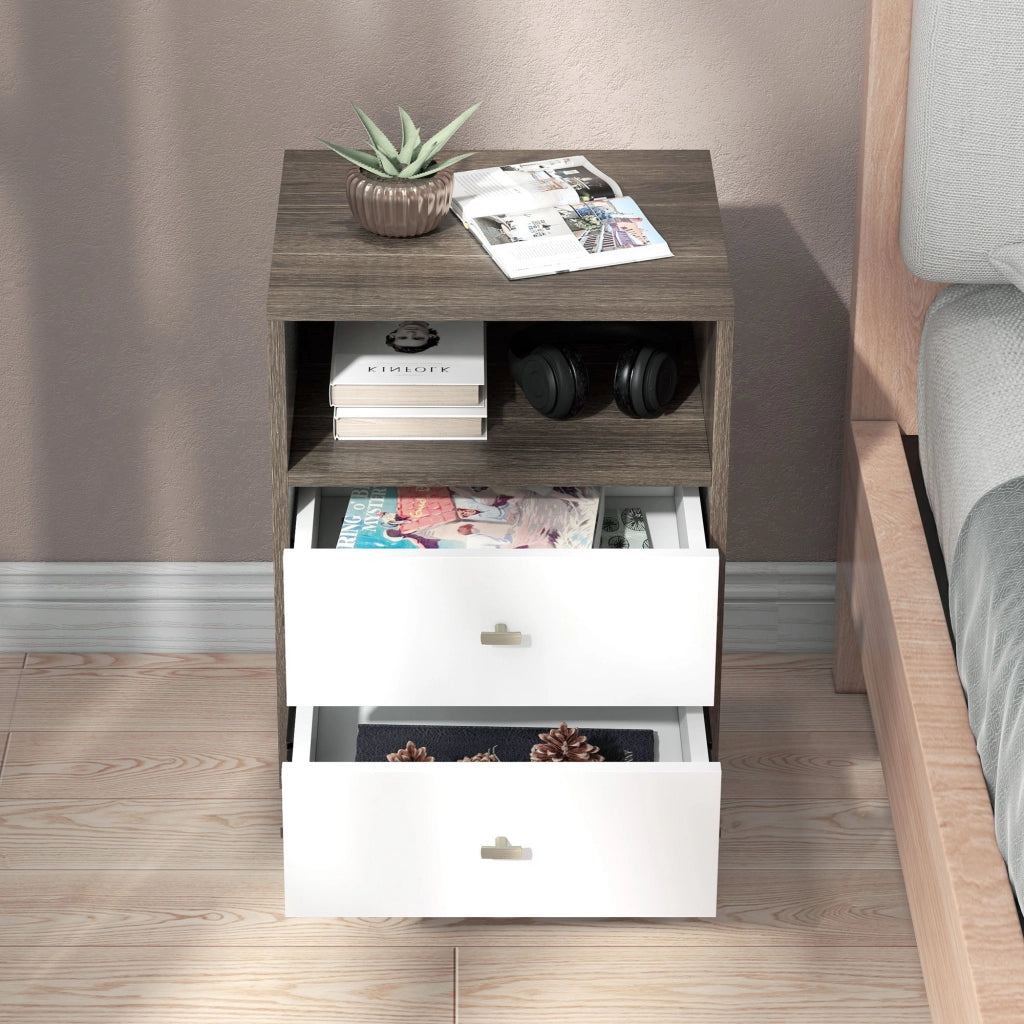 Comodino Moderno con 2 Cassetti e Vano Aperto ¨C zephmum ¨C Grigio e Bianco 40x34x64cm