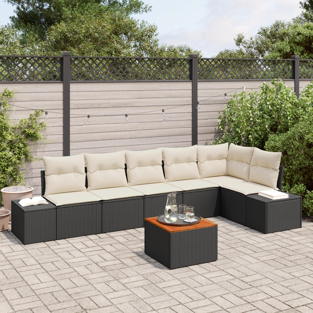 Set Divano da Giardino 7 Pezzi con Cuscini Nero Polyrattan Acacia