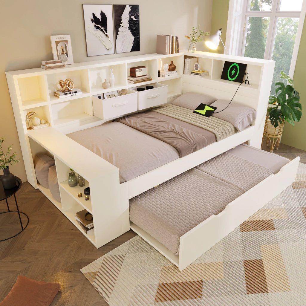 Letto singolo 90 × 200 cm con letto estraibile, ripiani su 3 lati, USB e Type-C, senza materasso, bianco