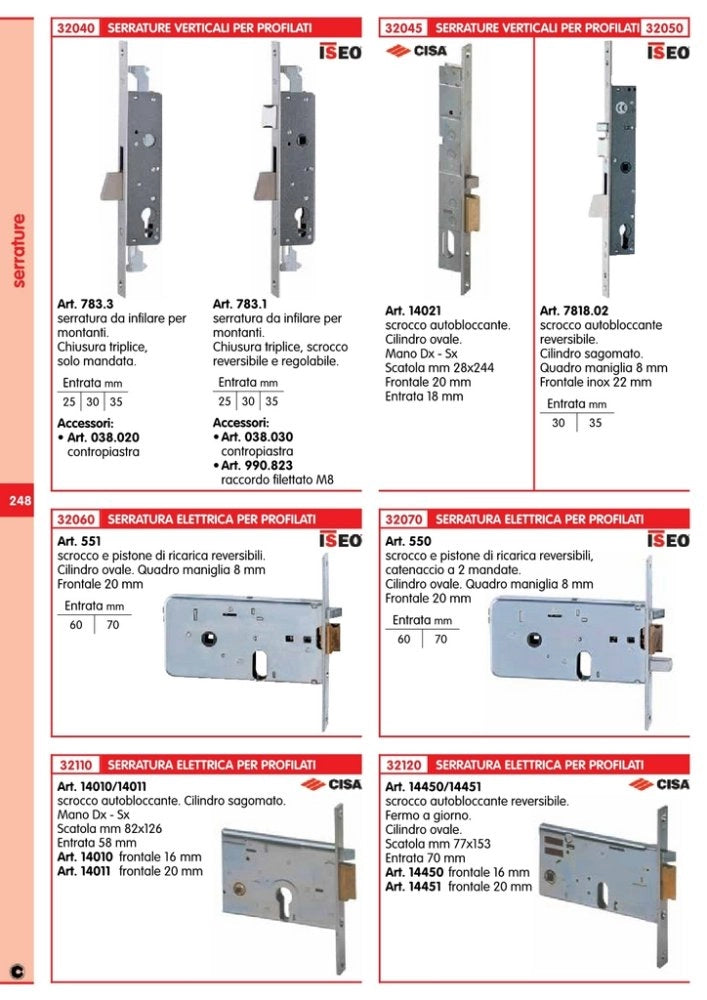 1pz iseo serratura da infilare ,per montanti, chiusura triplice + scrocco cod:ferx.50208