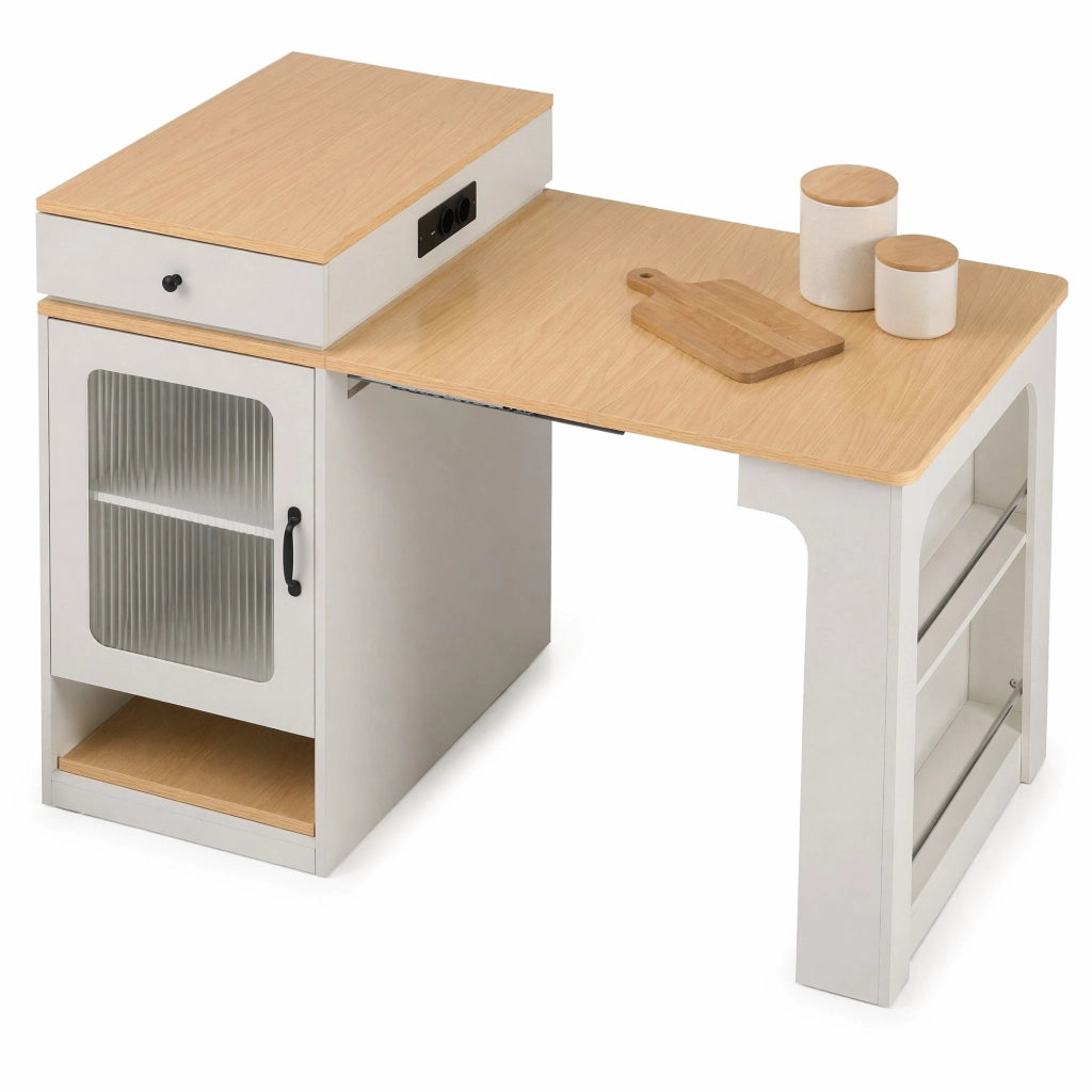 Isola da cucina con tavolo estensibile e prese integrate; MDF e vetro; bianco e naturale
