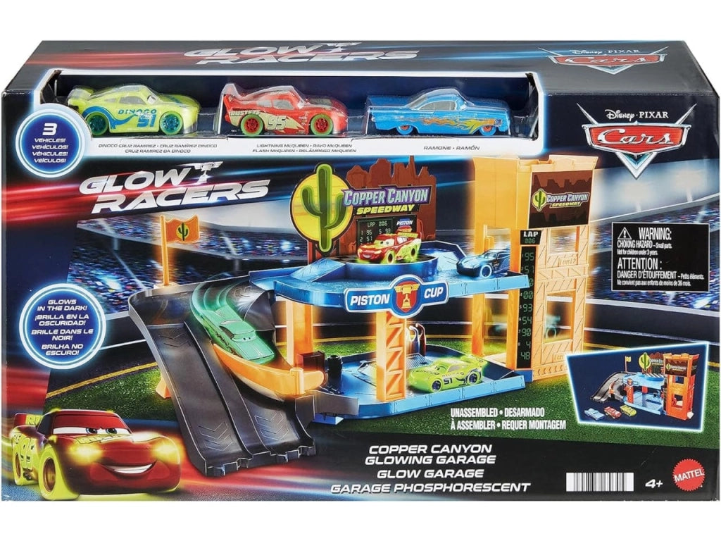 Disney Cars Copper Canyon Glowing Garage,Piista con 3 veicoli inclusi,Mattel,Eta 4+