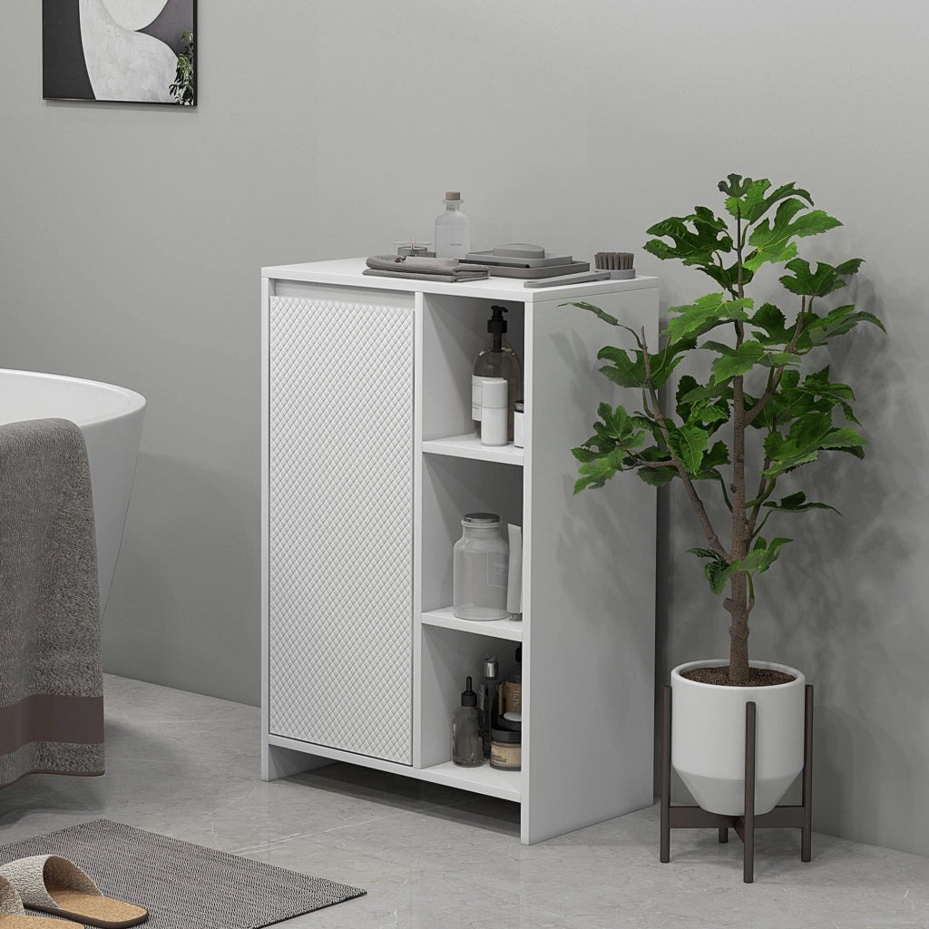 Mobiletto Bagno con 3 Ripiani Aperti e Armadietto a un'Anta con Mensola Regolabile, 53x30x80cm, Bianco