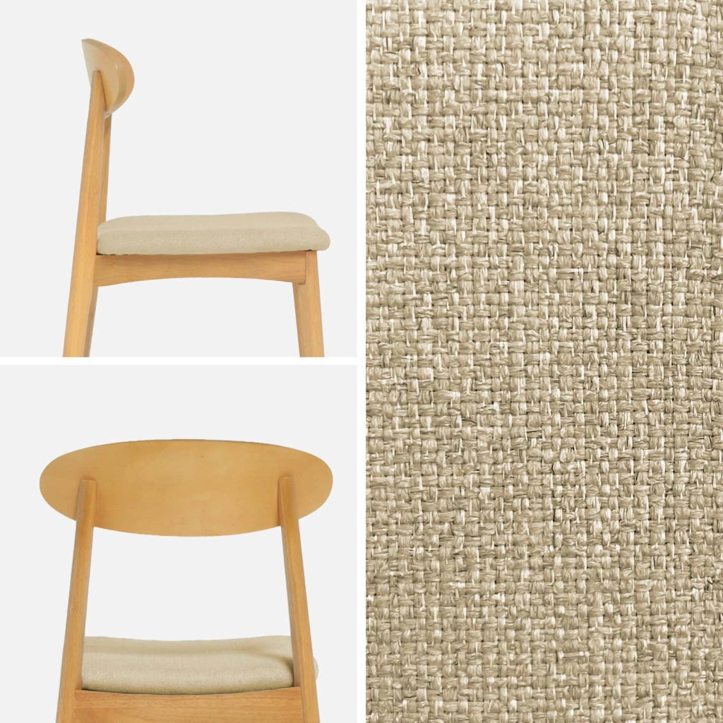 Set 2 sedie vintage in legno di hevea naturale e tessuto, beige