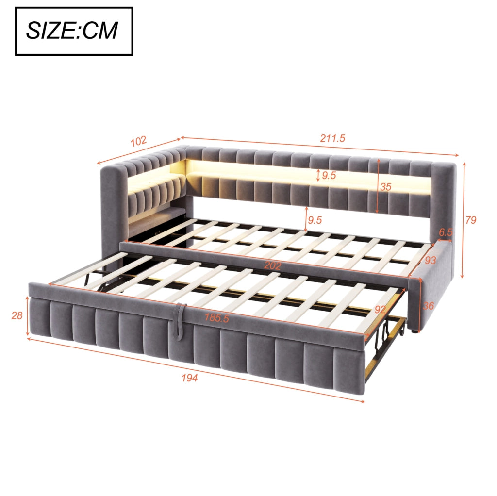 Divano letto imbottito con letto estraibile; LED; USB e Type-C; 90x200 cm; grigio