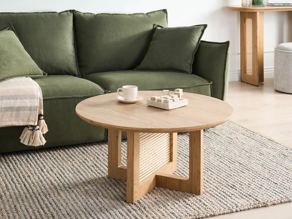 Tavolino moderno in MDF e rattan ø 80 cm Arredamento per il soggiorno Marrone chiaro