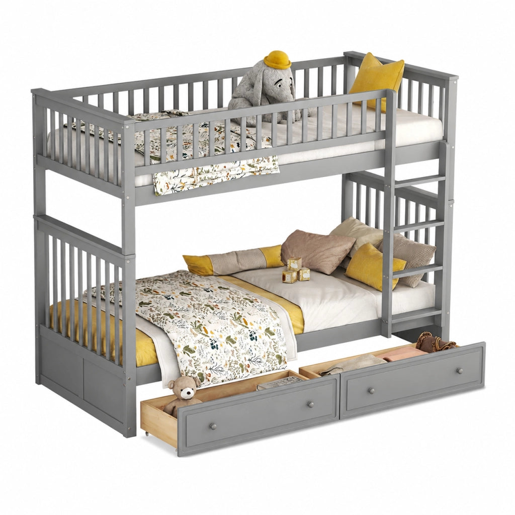 Letto a castello 90x200 cm trasformabile con 2 cassetti; sponde alte; legno e MDF grigio
