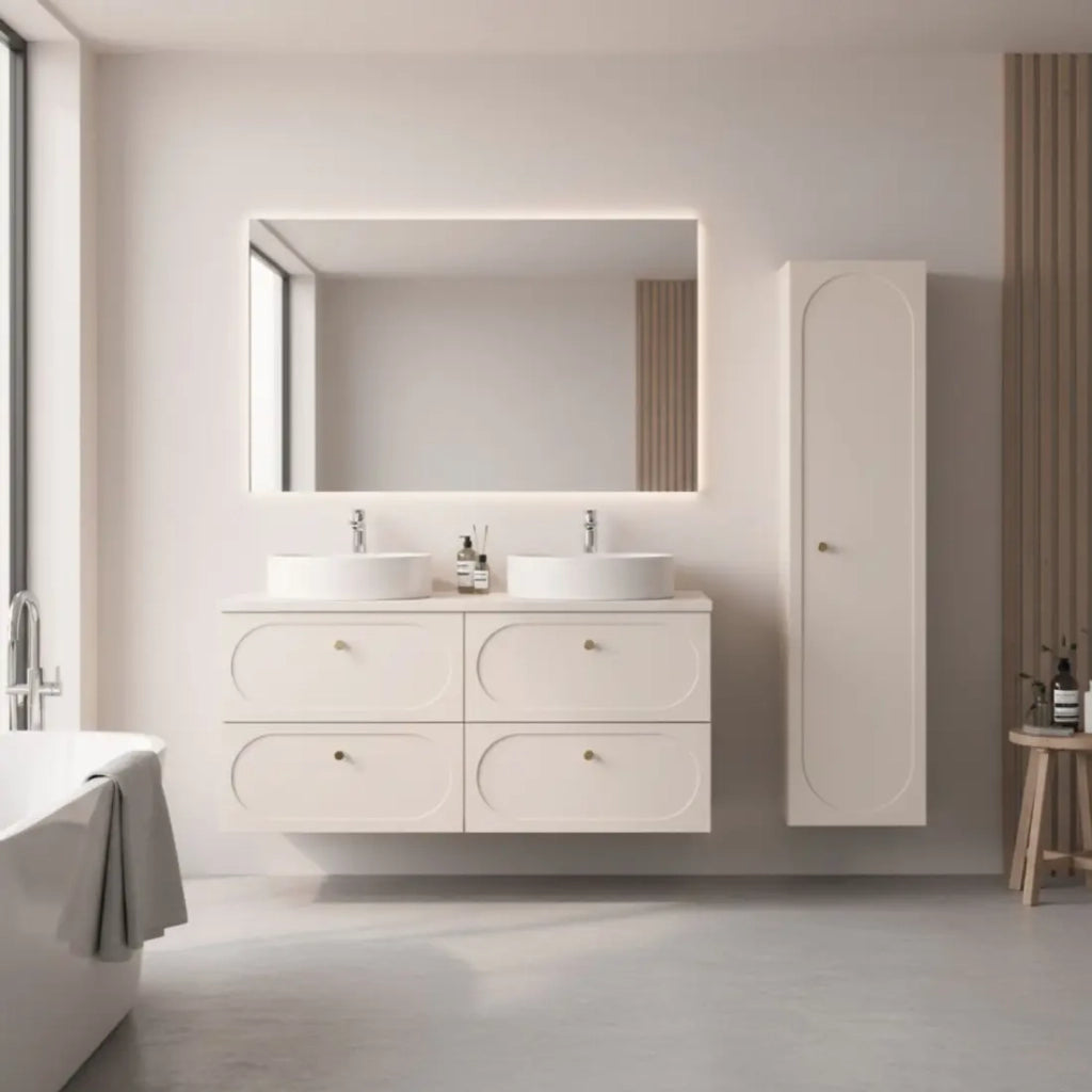 Set TORNADO beige: mobile sottolavabo 120cm + piano per lavabo + colonna contenitore