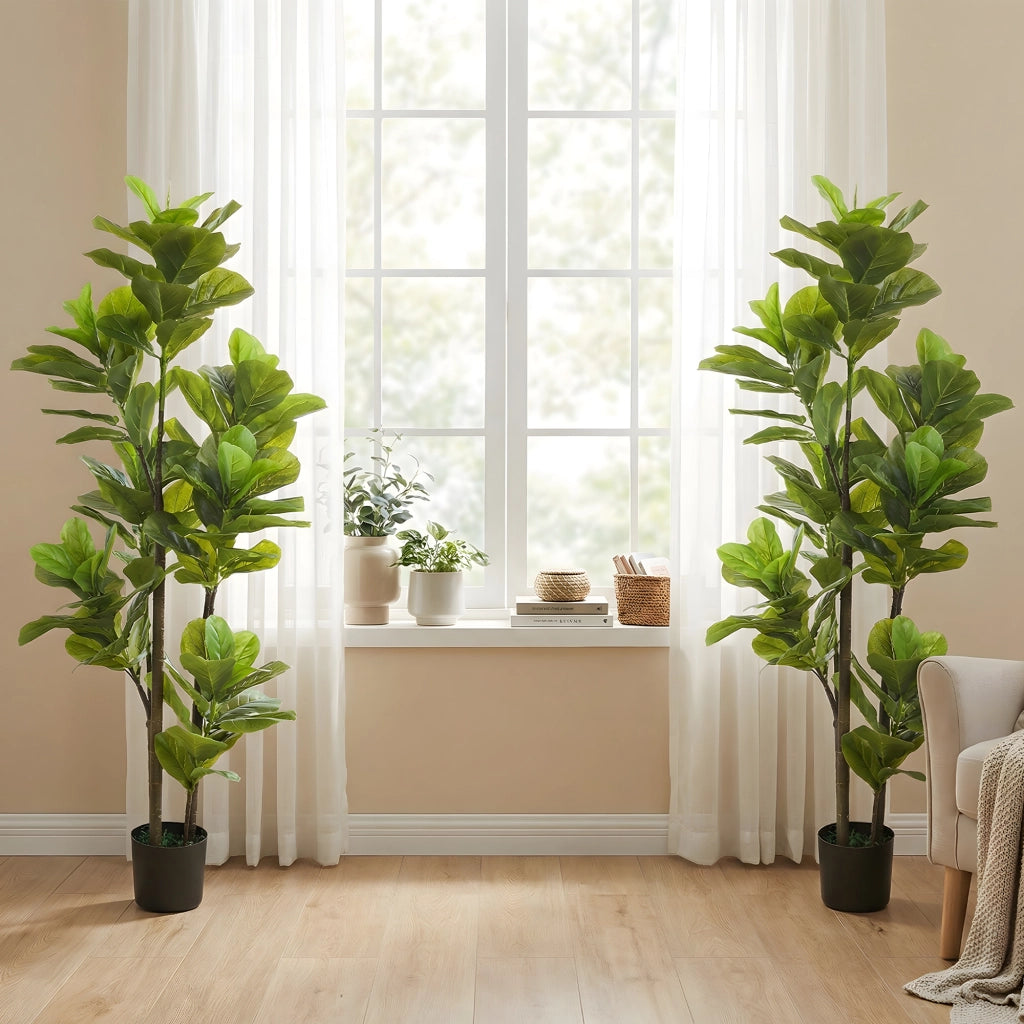 2 Piante Finte Ficus Lyrata 150 cm con Vaso Cemento ¨C Minimal ¨C Verde