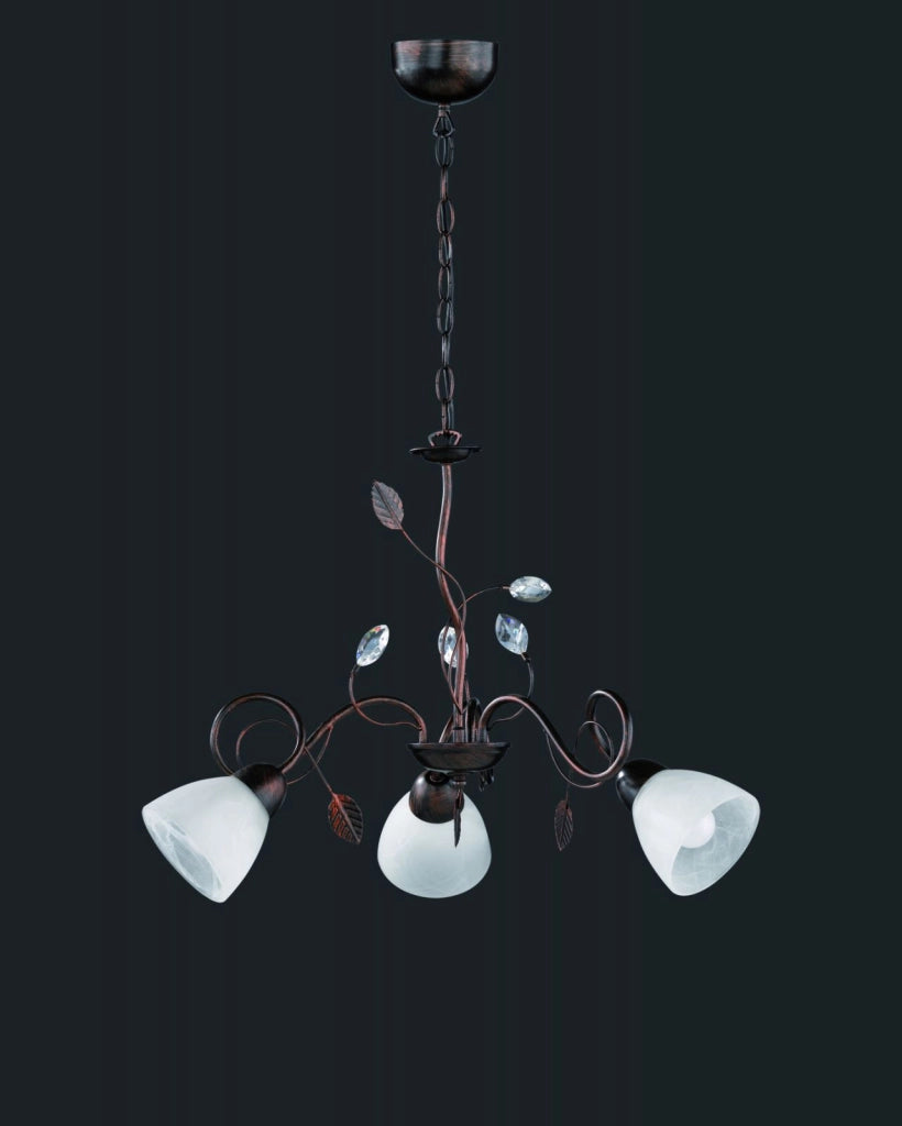 TRADITIO LAMPADARIO 3 LUCI ATTACCO E14 METALLO RUGGINE ANTICO VETRI BIANCHI CON GEMME TRASPARENTI D.70CM