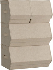 Set di 4 Scatole con Coperchio, Organizzatori Impilabili per Armadi, Contenitori con Chiusura Magnetica, in Tessuto, Struttura in Metallo, per Libri Vestiti, Beige Sabbia