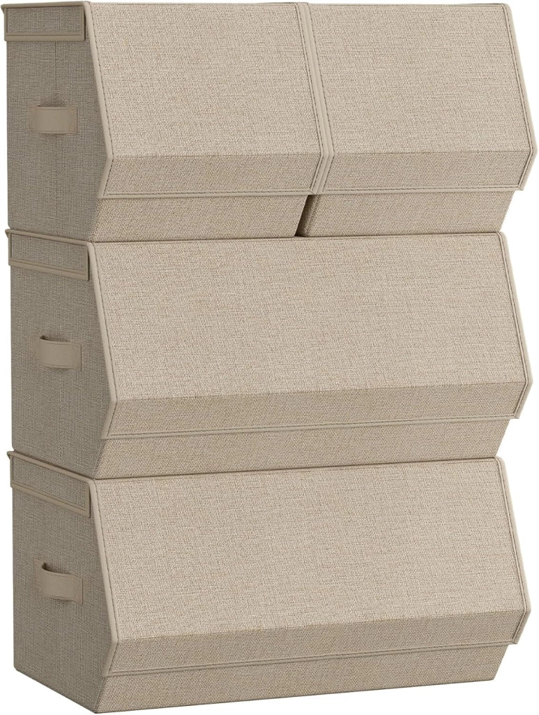 Set di 4 Scatole con Coperchio, Organizzatori Impilabili per Armadi, Contenitori con Chiusura Magnetica, in Tessuto, Struttura in Metallo, per Libri Vestiti, Beige Sabbia