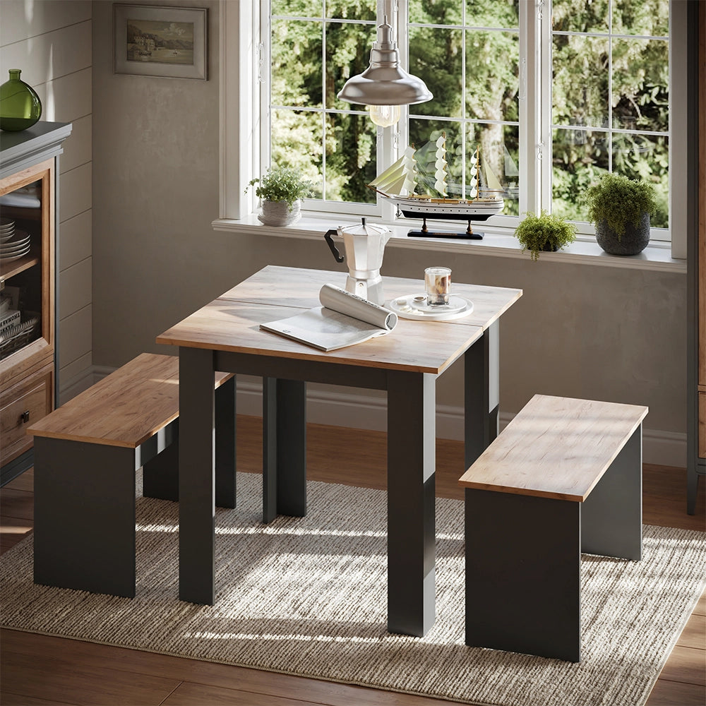 Vicco Set di tavoli da pranzo Antracite/quercia dorata 80 x 80 cm con 2 panche