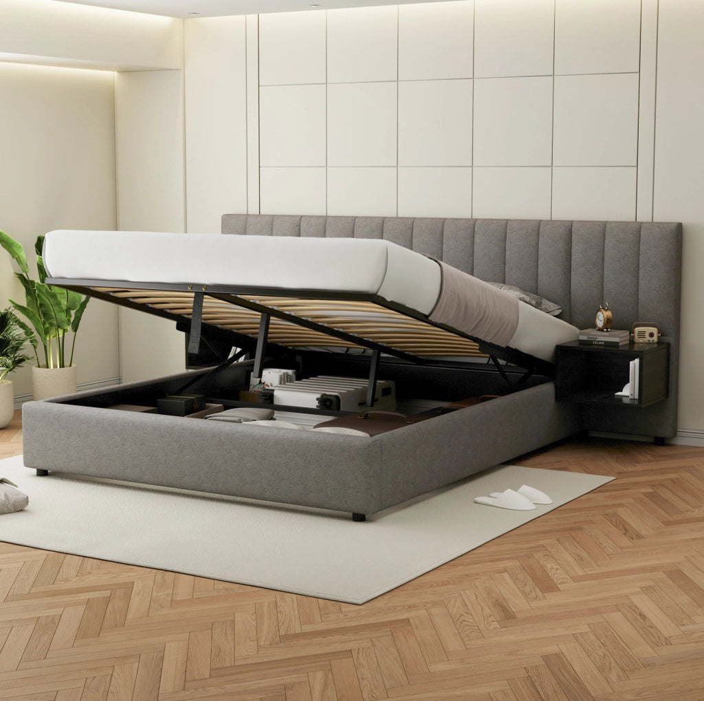 Letto contenitore 160x200 cm in lino grigio e nero con 2 comodini e rete a doghe