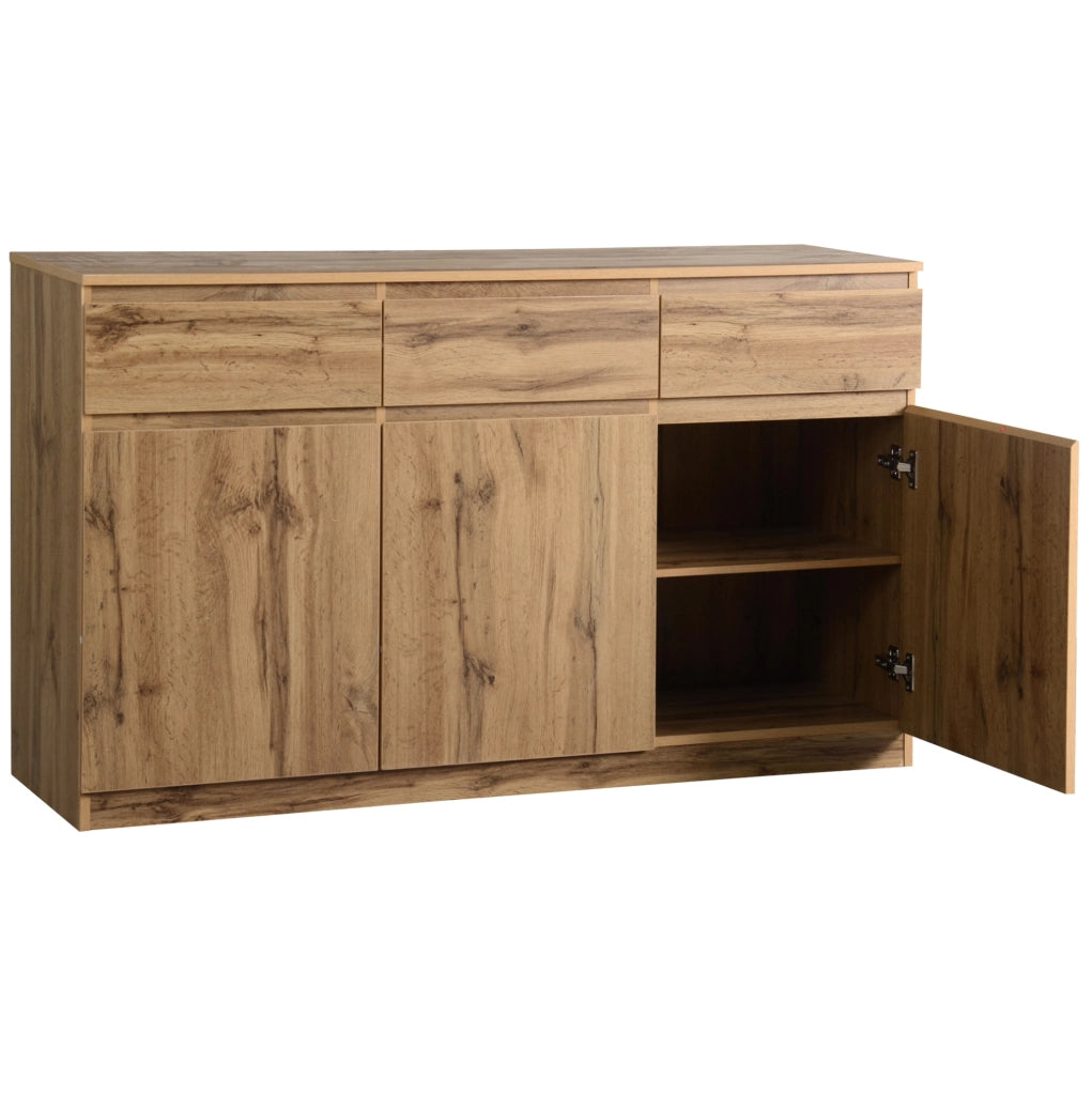 Credenza 135x40x81 cm con 3 ante e 3 cassetti; ripiani regolabili in pannello truciolare naturale