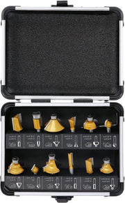 Set di Bit per Router in Acciaio Wolfram Carbide con Applicazione - 12 pezzi Strumento DIY con Chiave a Sei Viti - Cassetto in Alluminio - Finitura Oro e Argento