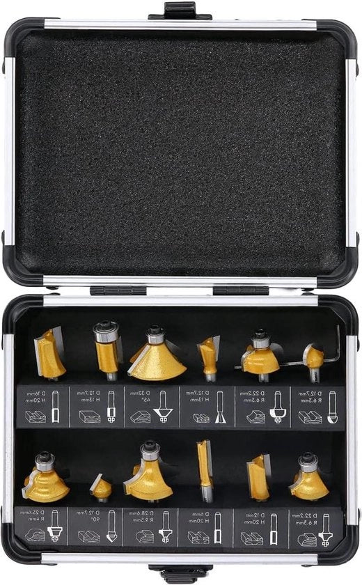 Set di Bit per Router in Acciaio Wolfram Carbide con Applicazione - 12 pezzi Strumento DIY con Chiave a Sei Viti - Cassetto in Alluminio - Finitura Oro e Argento