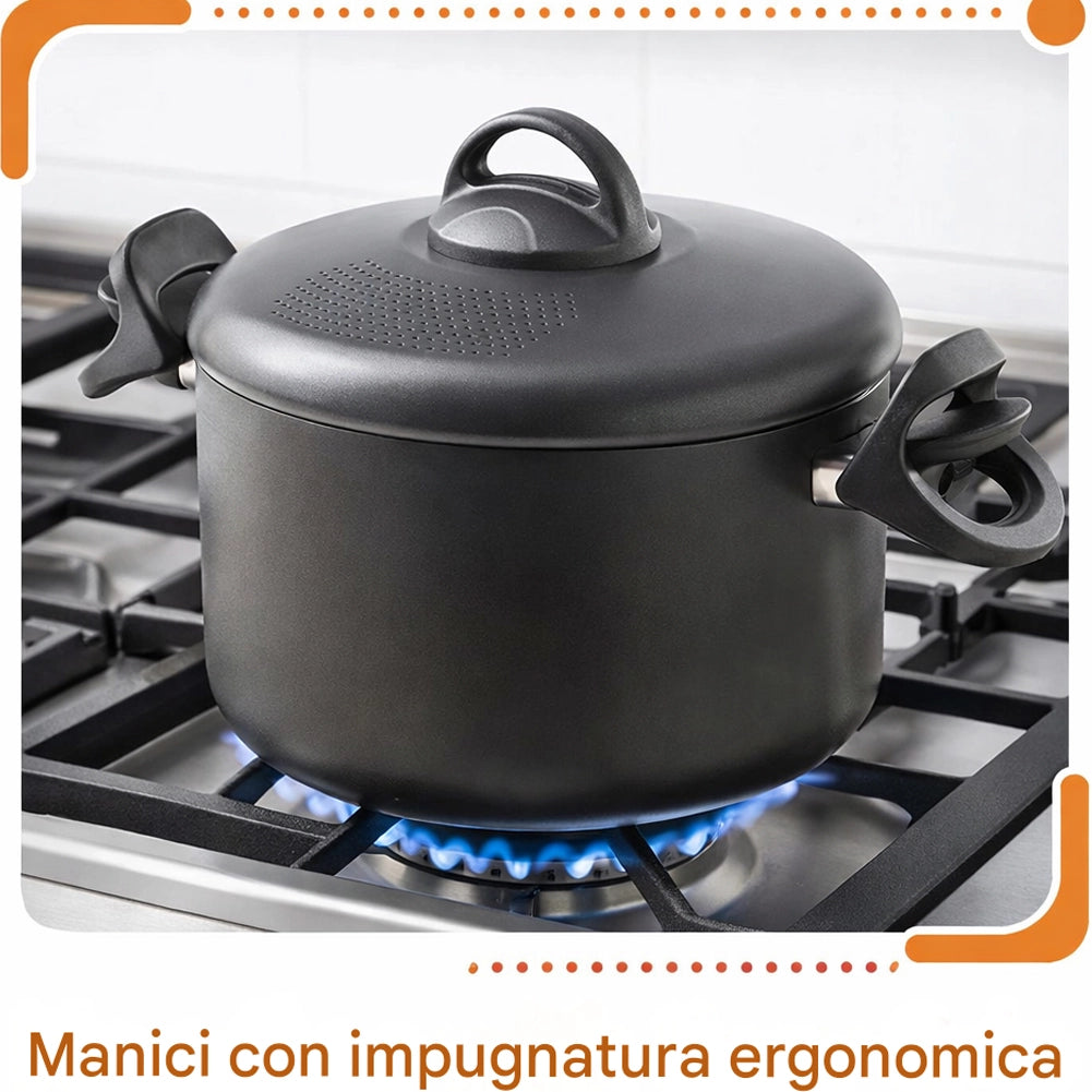Pentola 22cm Coperchio Scolapasta Autobloccante Scolì con Maniglie Autobloccanti