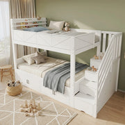 Letto a castello per bambini 90x200 cm con scala contenitore, vani portaoggetti sotto il letto, sponde di sicurezza alte e libreria, legno bianco