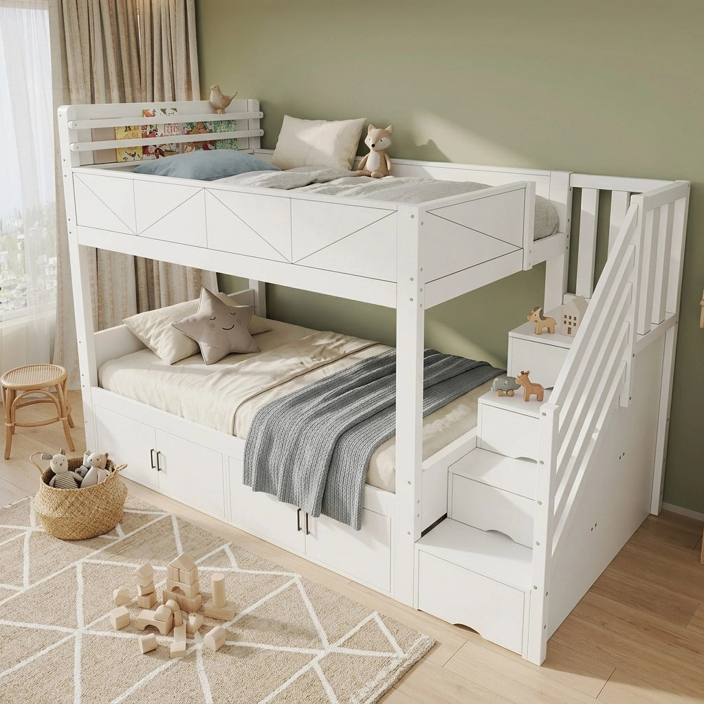 Letto a castello per bambini 90x200 cm con scala contenitore, vani portaoggetti sotto il letto, sponde di sicurezza alte e libreria, legno bianco