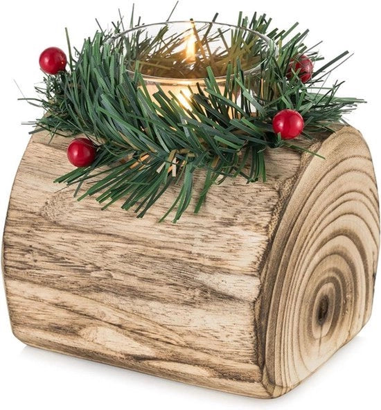 Supporto per candela in legno per decorazione di Natale - Candelabro a forma di tronco di legno di Natale - Decorazione da tavola per Natale - Festa - Focolare aperto - Notte di San Silvestro - Decorazione invernale - Regalo - 11 cm