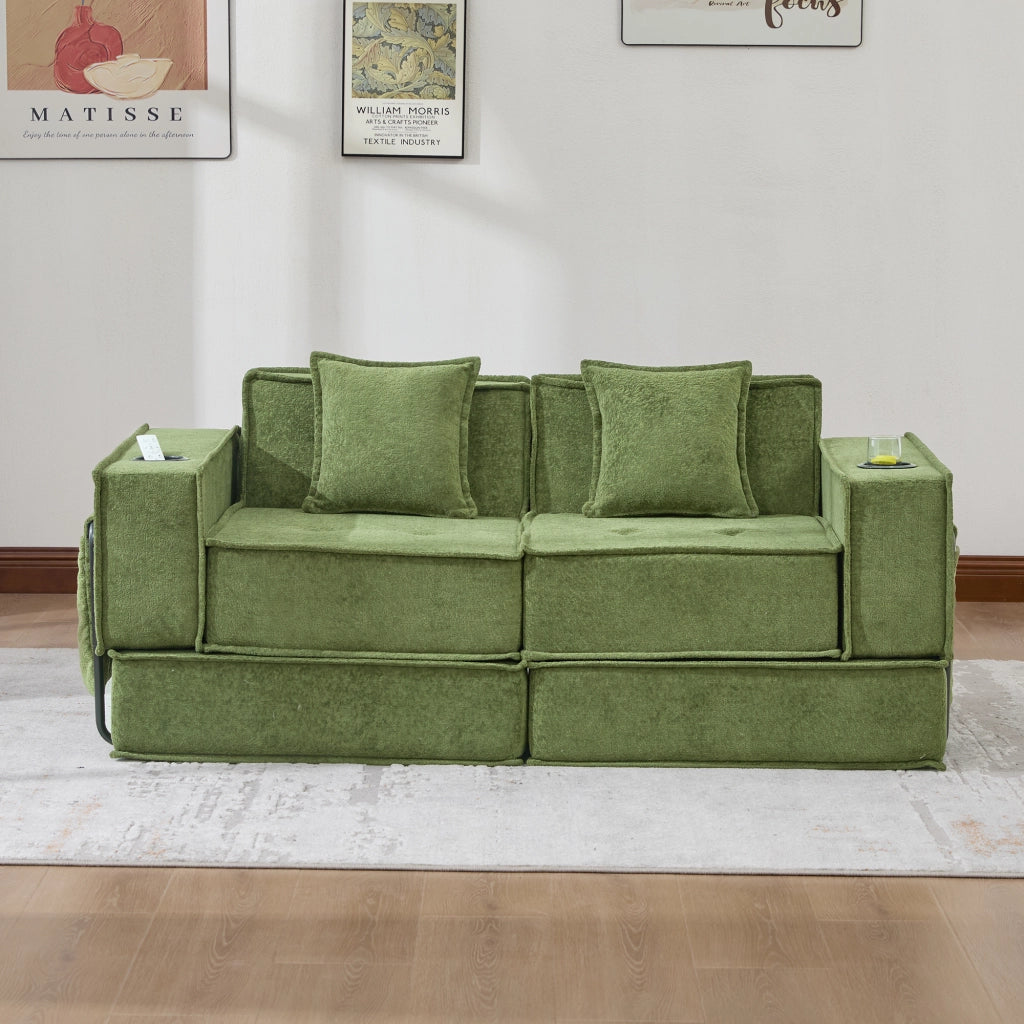 Pouf poltrona modulare con tasche laterali e 2 cuscini in ciniglia verde 162 Ã— 78 Ã— 66 cm