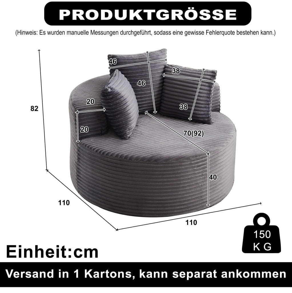 Poltrona lounge rotonda 110 cm grigia in velluto a coste con 3 cuscini