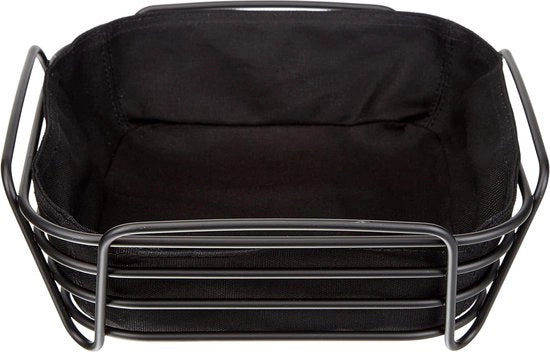 Cestino per Pane in acciaio verniciato, nero, con tasca in tessuto di cotone, design moderno e trendy, versatile e unico (H / B / D: 9,5 x 25,5 x 25,5 cm)