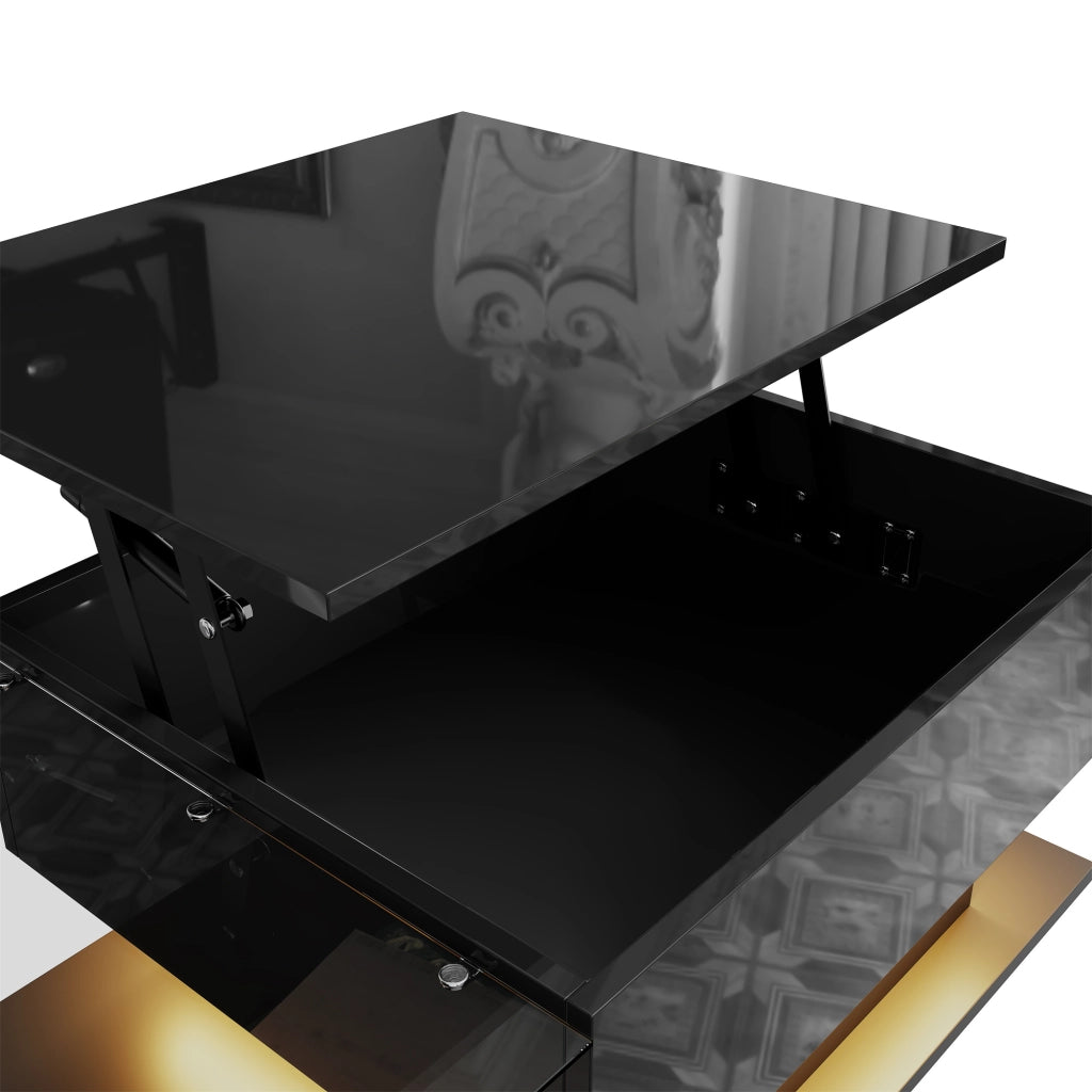 Tavolino da caffè 100x50x33 e 47.5 cm; piano sollevabile con luci LED; pannello truciolare nero