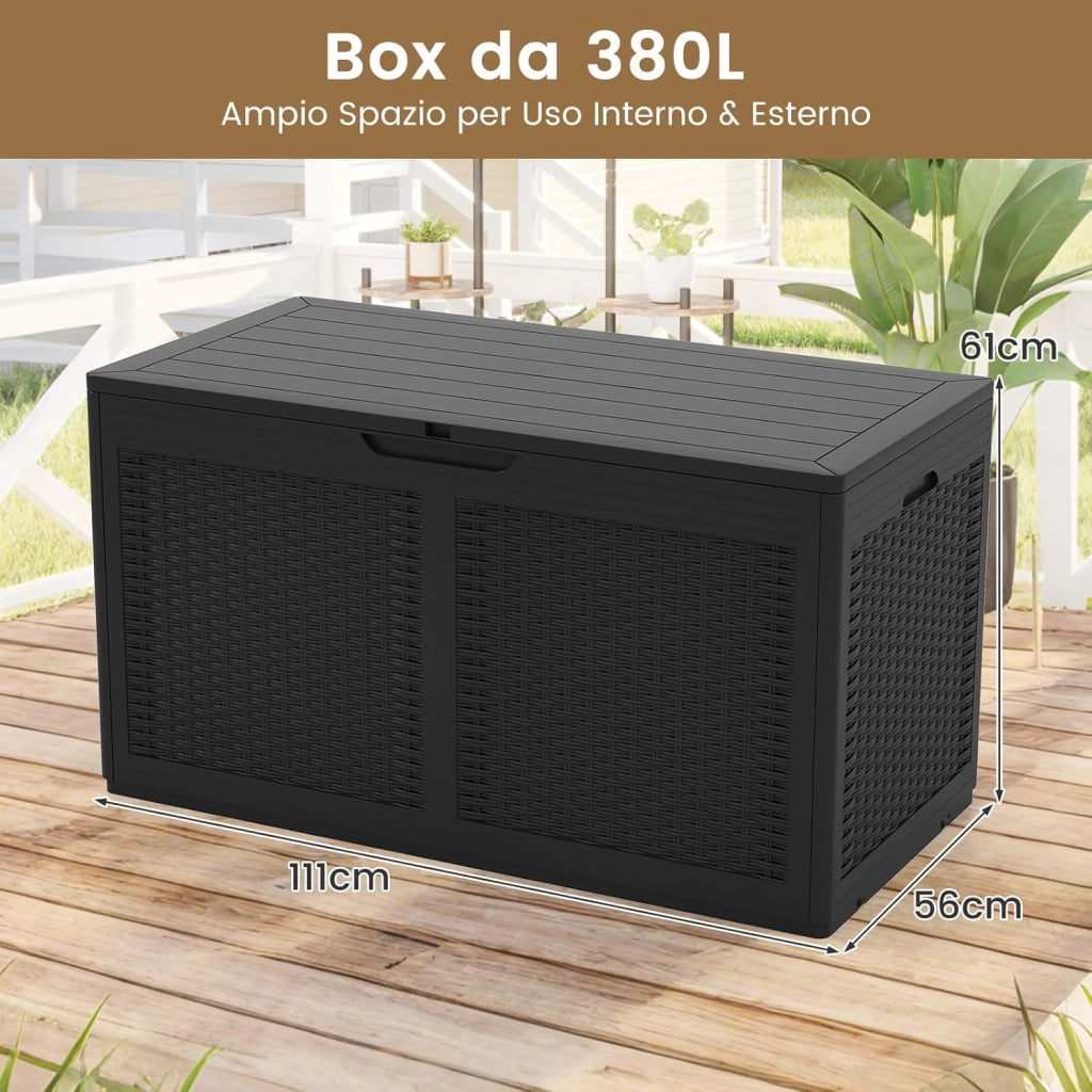 Baule da Esterno 380 L, Cassapanca Contenitore Impermeabile in Effetto Rattan con Coperchio Bloccabile e Ruote, Baule Salvaspazio per Mantenere Cuscini e Attrezzi da Interno e Esterno (Nero)