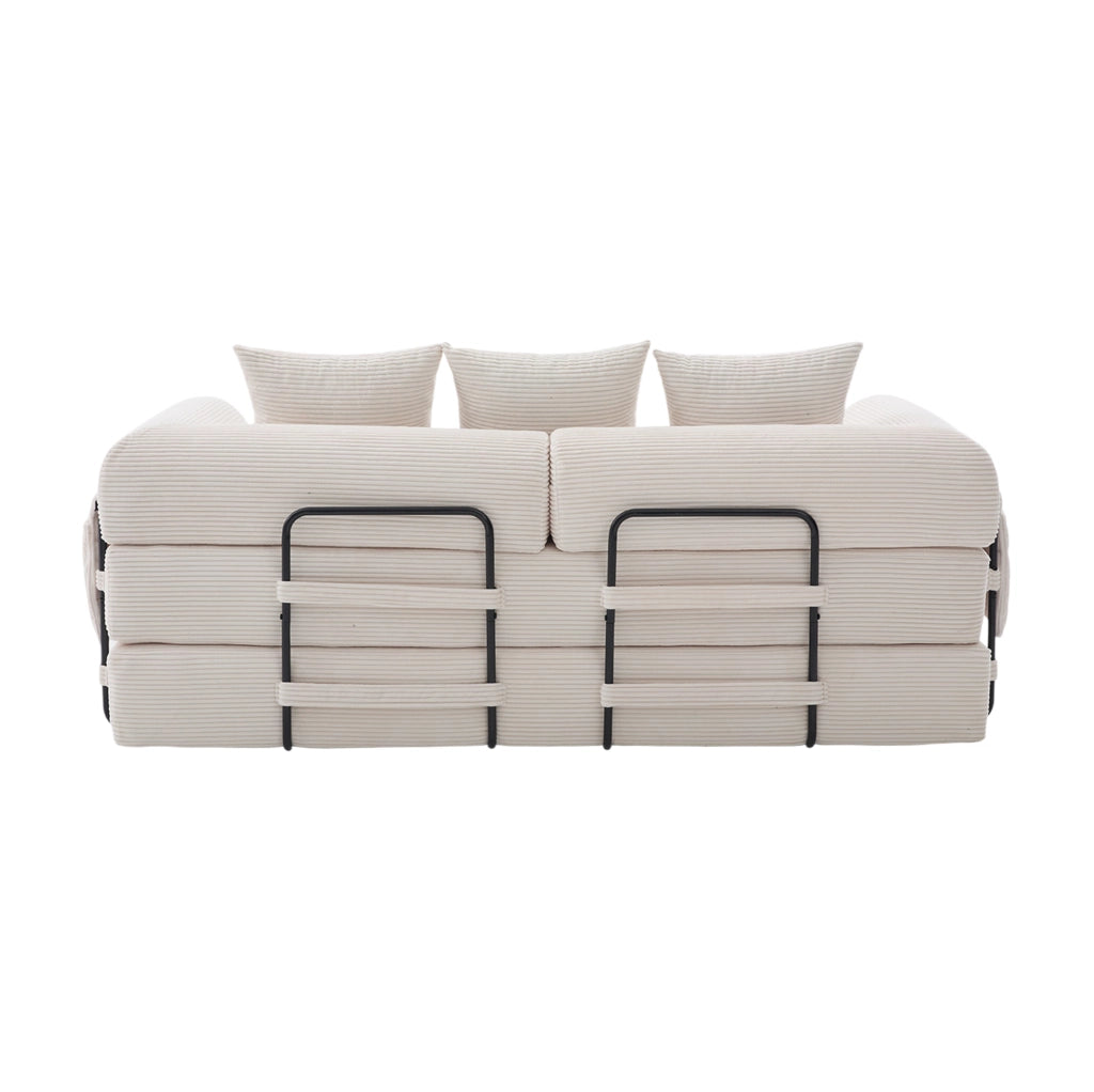 Divano modulare in velluto a coste beige con 3 cuscini; tasca laterale; 200x94x67 cm