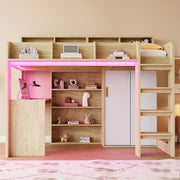 Letto a soppalco multifunzionale 90x200 cm in legno naturale con scrivania; armadio; LED e presa