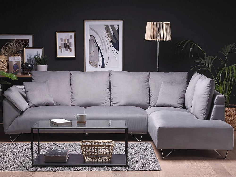Divano angolare in tessuto di velluto a coste grigio 266 x 181 cm Cuscini Gambe cromate