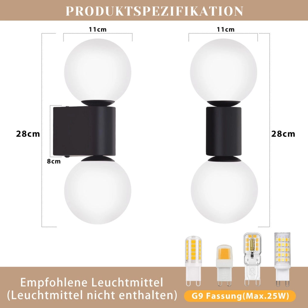 ZMH Lampada da parete per interni lampada da corridoio lampada da parete G9 in bianco e nero sfera di vetro