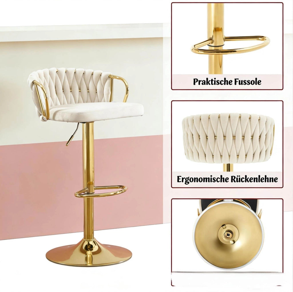 Sgabello da bar regolabile girevole in velluto bianco crema