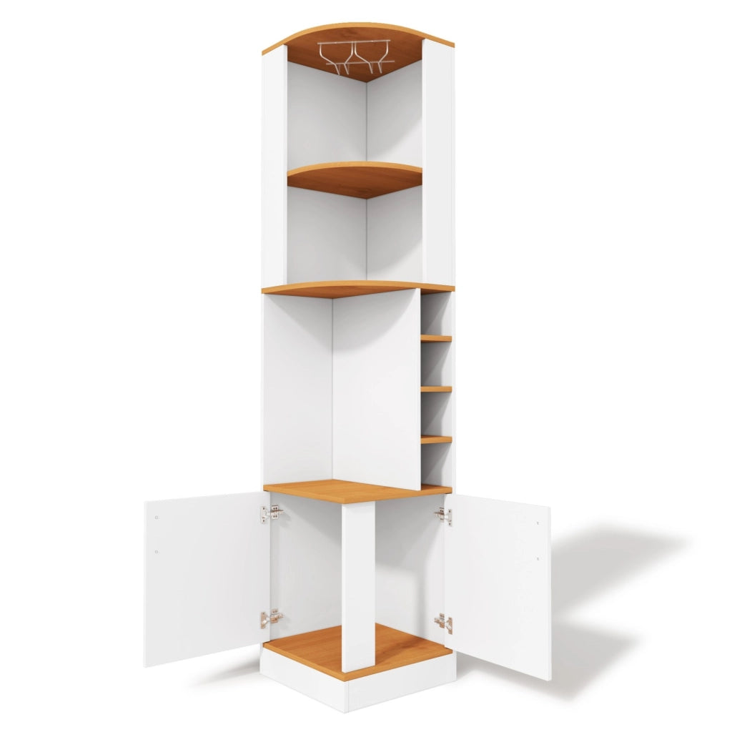 Mobile angolare portabottiglie con portasospensione per bicchieri; 40x40x182 cm; bianco in MDF