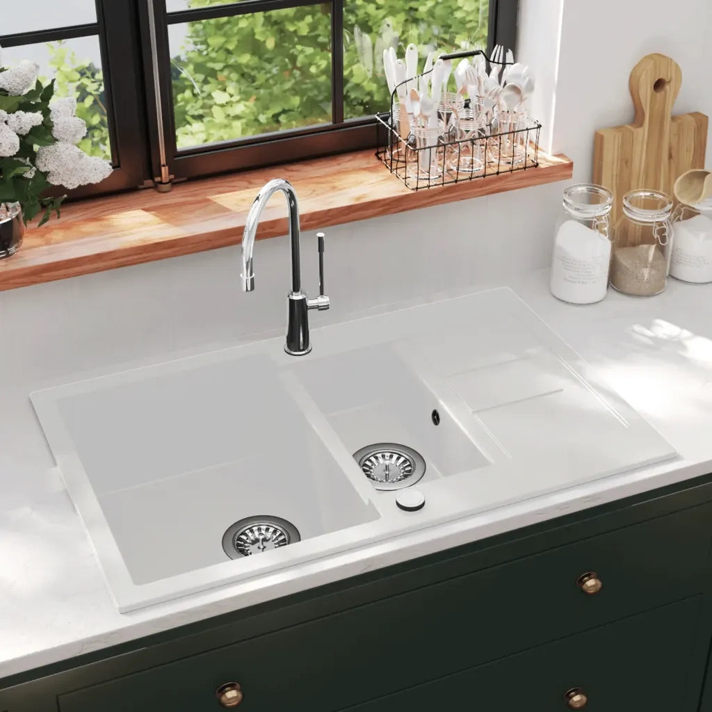 Lavello da Cucina in Granito Vasca Doppia-Lavandino-Lavabo Bianco 566770