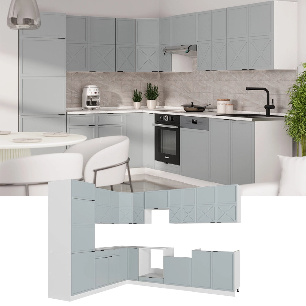Cucina angolare completa Fame-Line Blu-grigio chiaro/Bianco 287 x 60 cm, PL Antracite Vicco