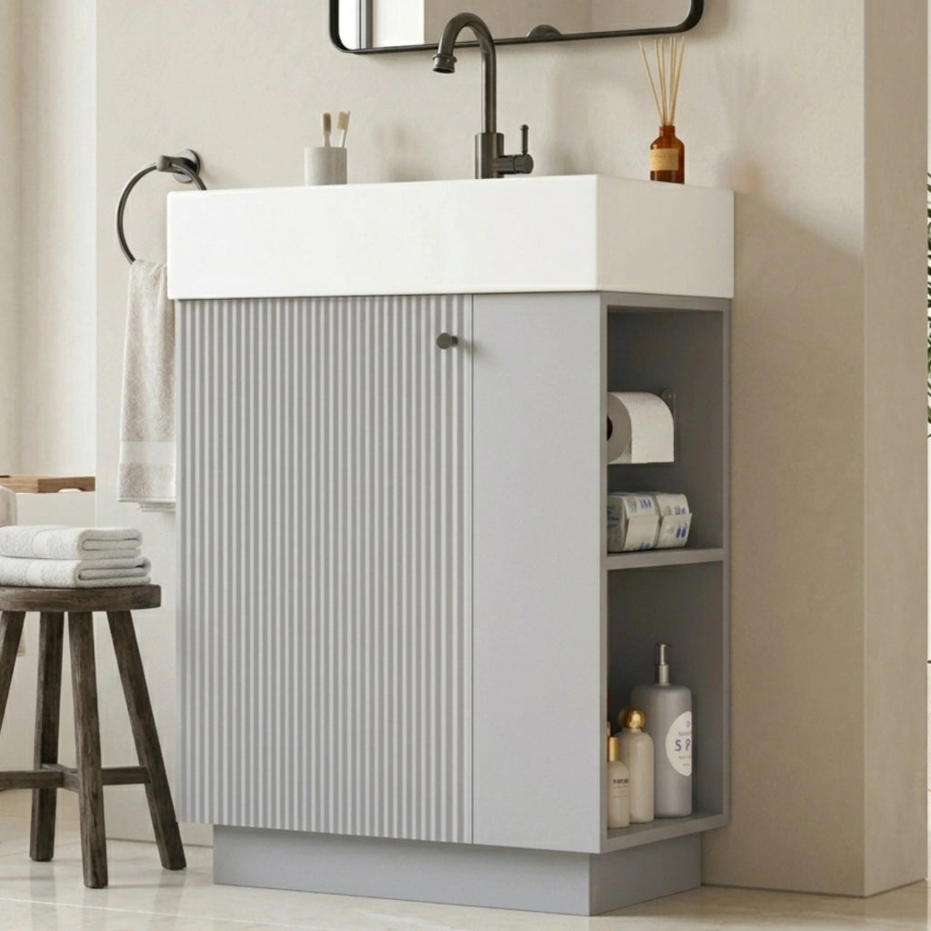 Mobile sottolavabo con lavabo in ceramica anta a chiusura ammortizzata e portarotolo removibile grigio 55 × 32 × 87 cm