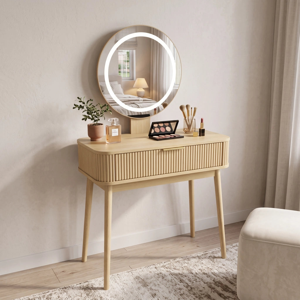 Toeletta con specchio rotondo e illuminazione LED a 3 modalità, cassetti capienti, colore rovere 80 × 40 × 133 cm