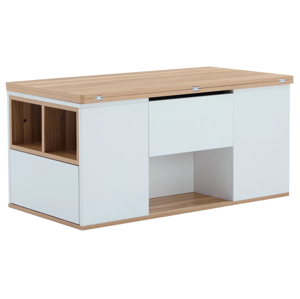 Tavolino da salotto sollevabile 100x51x47 cm in truciolare bianco e legno naturale