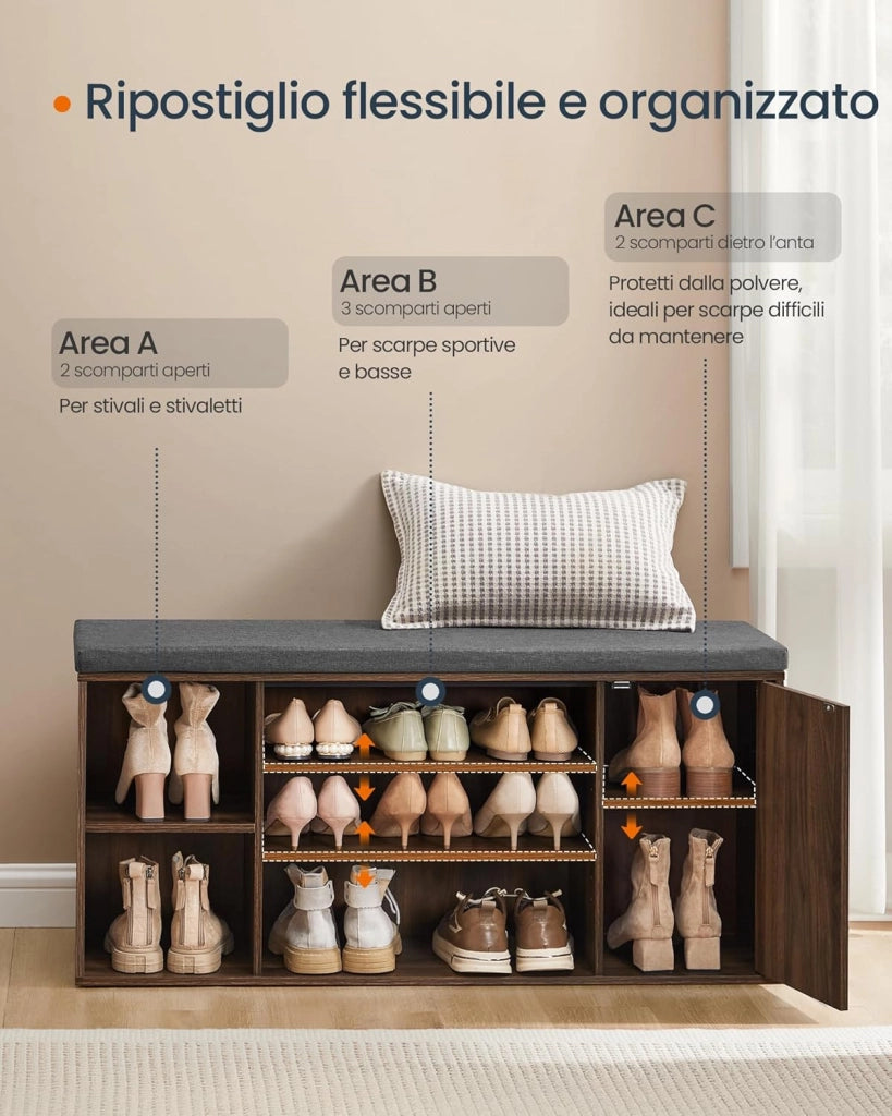 SONGMICS HOME Panca Scarpiera, Montaggio Rapido Senza Attrezzi Toolless, Panchina con Scomparti Aperti, Ripiani Regolabili, Portascarpe, Noce Naturale e Grigio Ardesia LHS391KE02