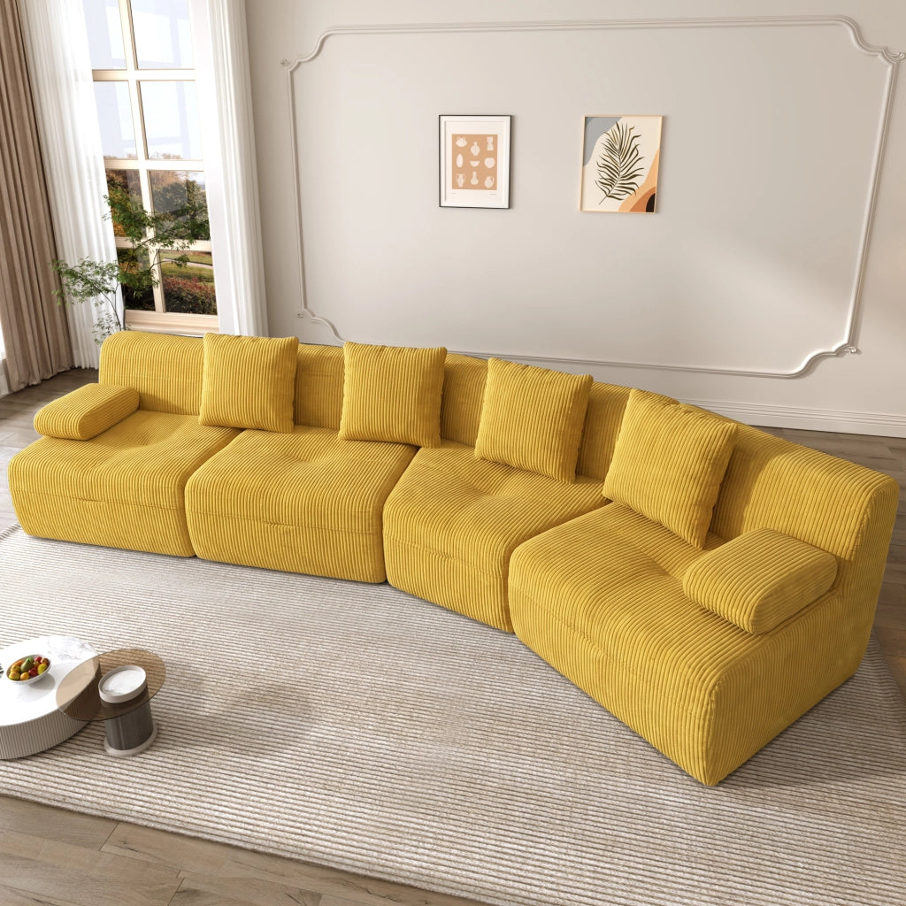 DIVANO modulare 4 posti 311x90x65 cm in velluto a coste giallo brillante