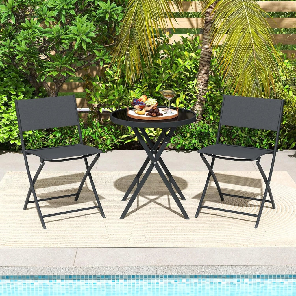 Set Tavolino e Sedie da Giardino Pieghevole, Set Bistro 3 Pezzi, Tavolino con Piano in Vetro Temperato e Metallo, Sedie con Tessuto Textilene Impermeabile, per Balcone, Patio, Piscina