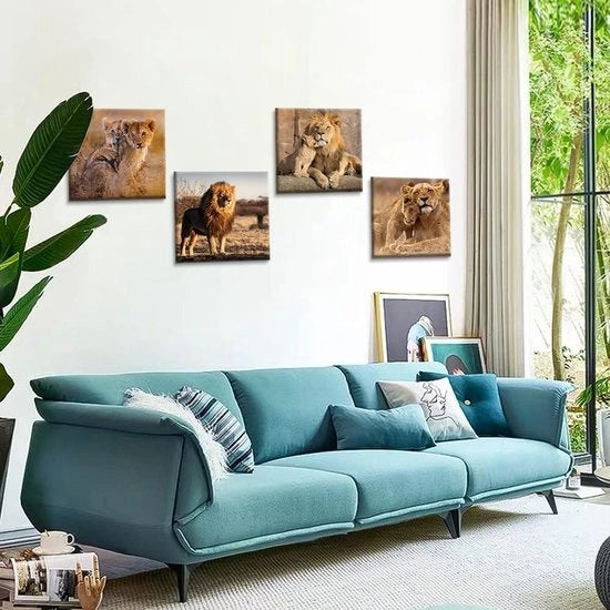 Quattro pezzi di arte per la parete stampati su tela - leone famiglia foto quadro - moderno lavoro d'arte per la parete ingrandito per regali bagno casa cucina ufficio decorazione - 30 x 30 cm